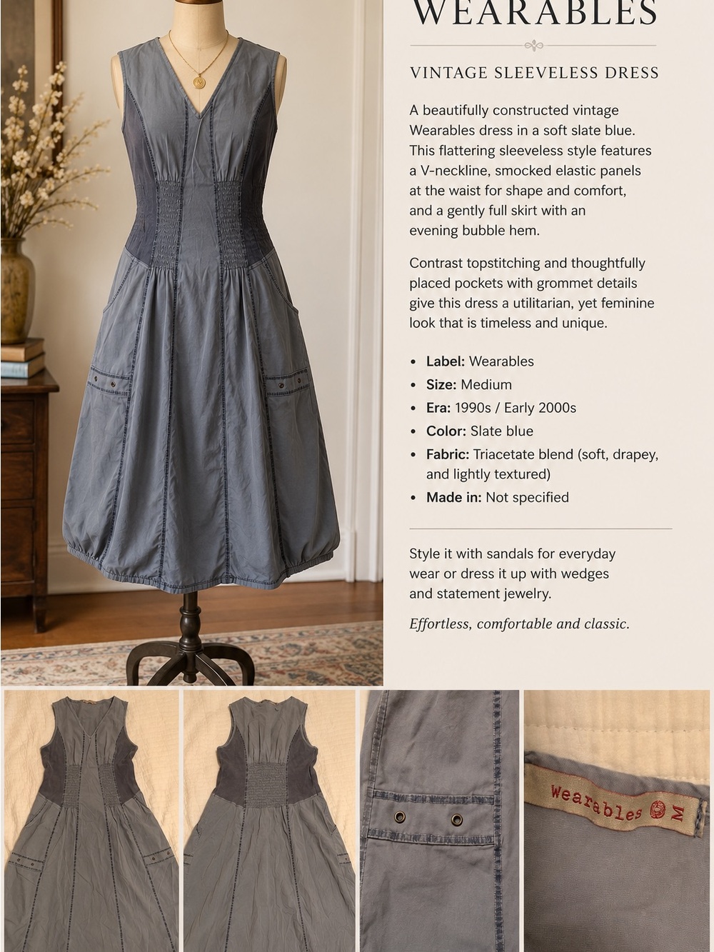 Wearables Slate Blue Sleeveless V-Neck Midi Dress